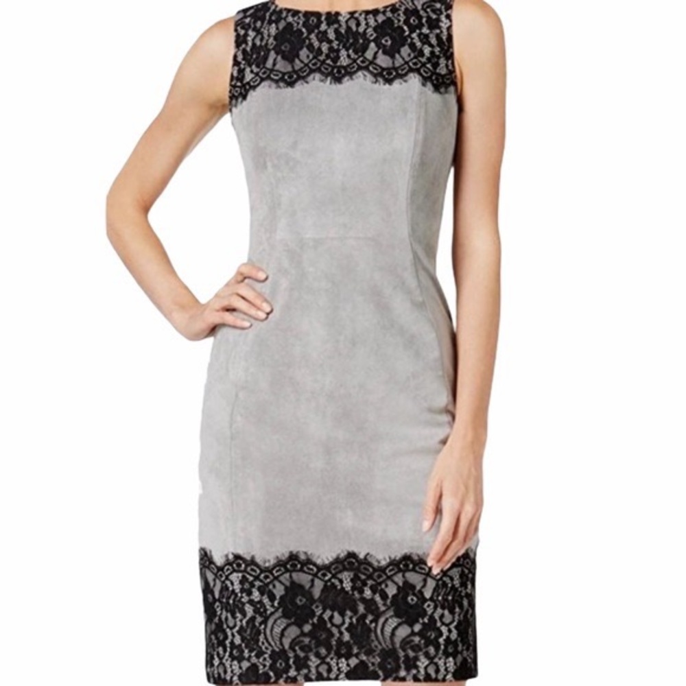 Calvin Klein Grey Faux Suede Dress with Black Lace
